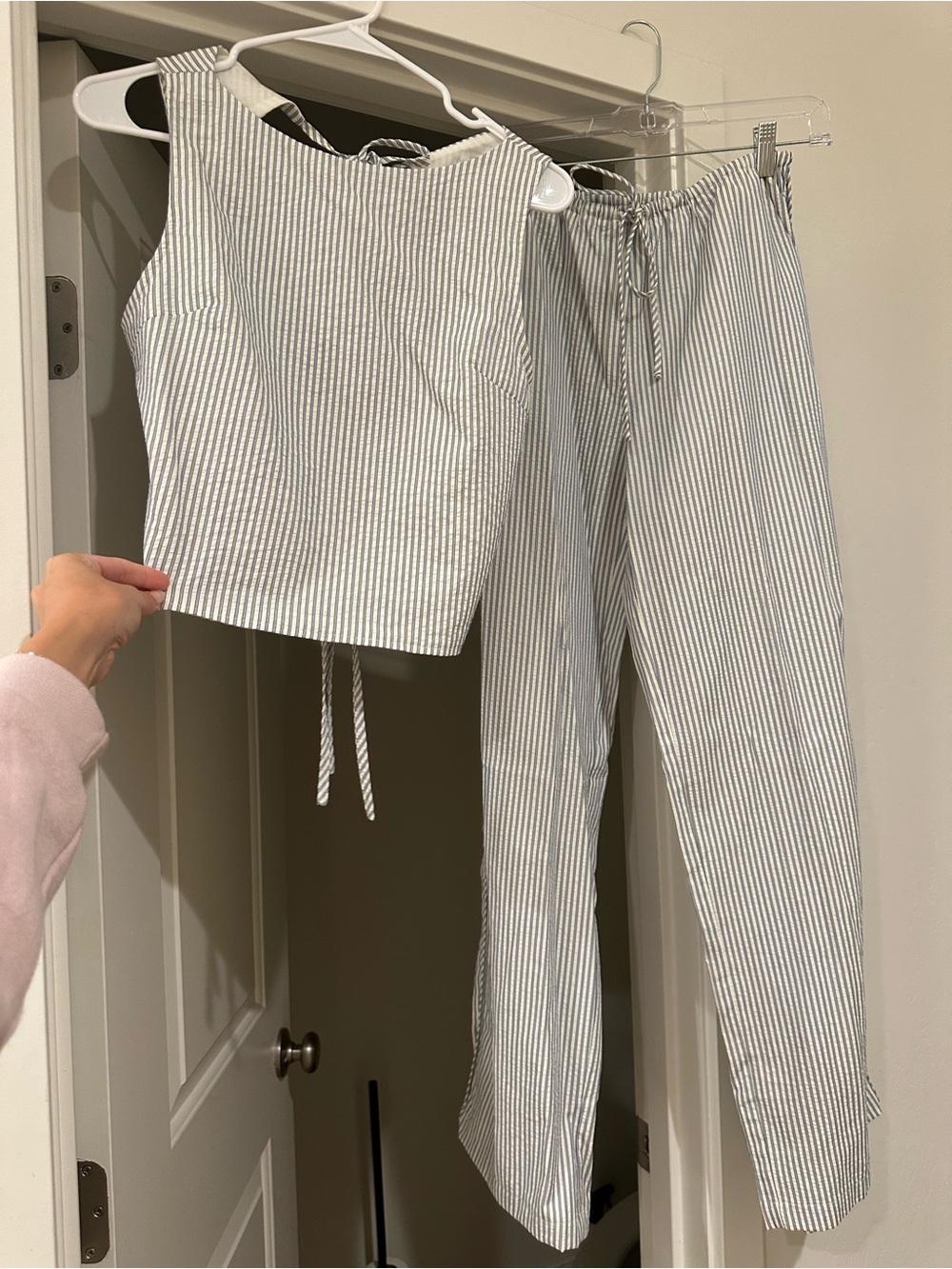 Striped Lightweight Top and Drawstring Pants Set - Light Blue